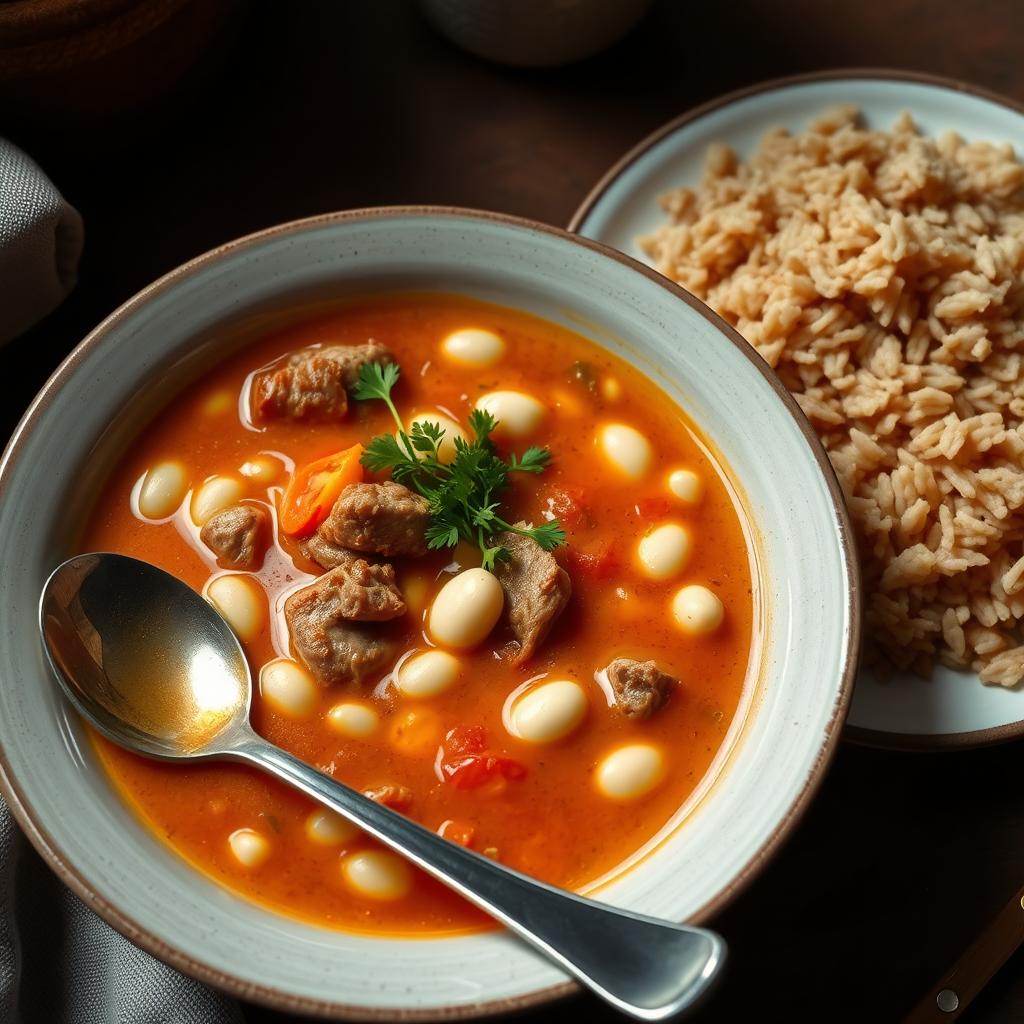 A beautifully presented bowl of white bean soup with tender meat and tomato sauce, intricately garnished