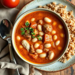 A beautifully presented bowl of white bean soup with tender meat and tomato sauce, intricately garnished