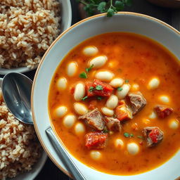 A beautifully presented bowl of white bean soup with tender meat and tomato sauce, intricately garnished
