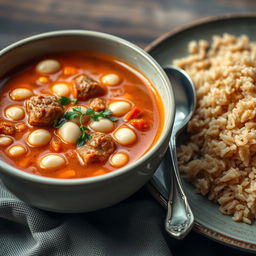A beautifully presented bowl of white bean soup with tender meat and tomato sauce, intricately garnished