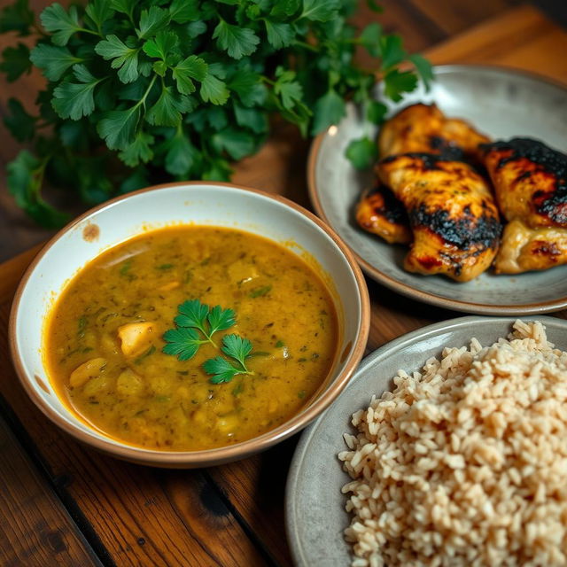 A beautifully presented plate of Molokhia soup served in a traditional bowl, alongside succulent grilled chicken pieces, garnished with parsley