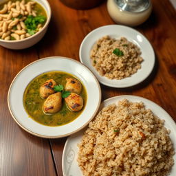 A beautifully presented plate of Molokhia soup served in a traditional bowl, alongside succulent grilled chicken pieces, garnished with parsley
