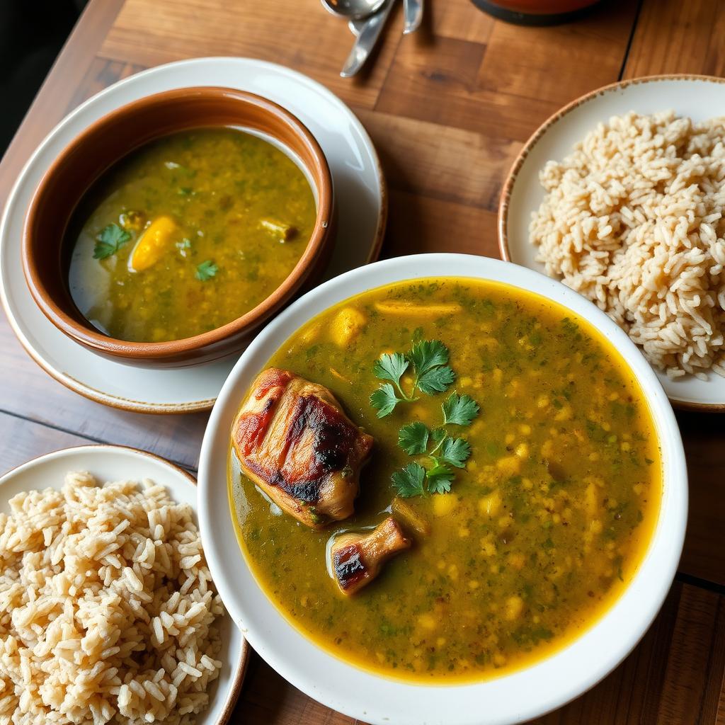 A beautifully presented plate of Molokhia soup served in a traditional bowl, alongside succulent grilled chicken pieces, garnished with parsley