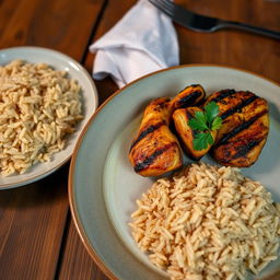 A beautifully presented plate of Molokhia soup served in a traditional bowl, alongside succulent grilled chicken pieces, garnished with parsley