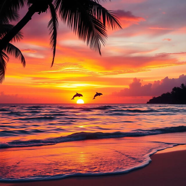 A breathtaking sunset over a serene beach, the sky painted in vibrant shades of orange, pink, and purple as the sun dips below the horizon