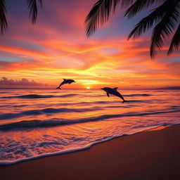 A breathtaking sunset over a serene beach, the sky painted in vibrant shades of orange, pink, and purple as the sun dips below the horizon