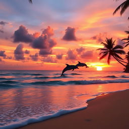 A breathtaking sunset over a serene beach, the sky painted in vibrant shades of orange, pink, and purple as the sun dips below the horizon