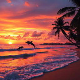 A breathtaking sunset over a serene beach, the sky painted in vibrant shades of orange, pink, and purple as the sun dips below the horizon