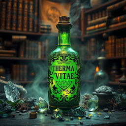 A magical potion known as "Therma Vitae", glowing with vibrant shades of green and gold