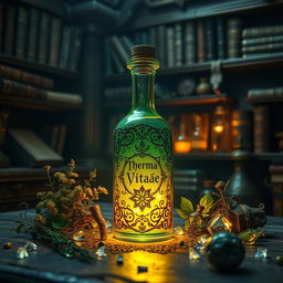 A magical potion known as "Therma Vitae", glowing with vibrant shades of green and gold