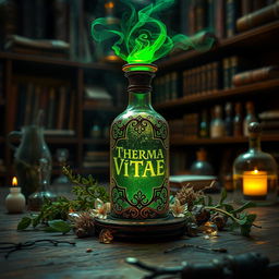 A magical potion known as "Therma Vitae", glowing with vibrant shades of green and gold