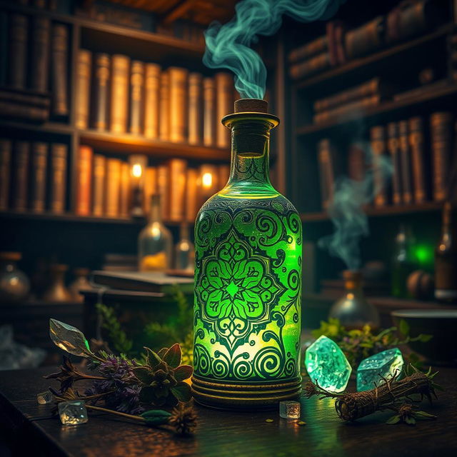 A magical potion known as "Therma Vitae", glowing with vibrant shades of green and gold