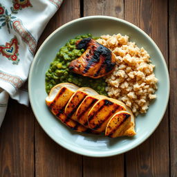 A beautifully arranged plate of molokhia, a traditional Middle Eastern dish known for its vibrant green color and thick, lush texture, served alongside succulent pieces of grilled chicken, with perfectly charred edges