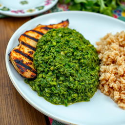 A beautifully arranged plate of molokhia, a traditional Middle Eastern dish known for its vibrant green color and thick, lush texture, served alongside succulent pieces of grilled chicken, with perfectly charred edges