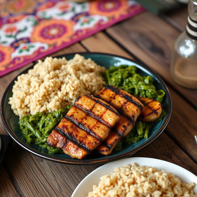 A beautifully arranged plate of molokhia, a traditional Middle Eastern dish known for its vibrant green color and thick, lush texture, served alongside succulent pieces of grilled chicken, with perfectly charred edges