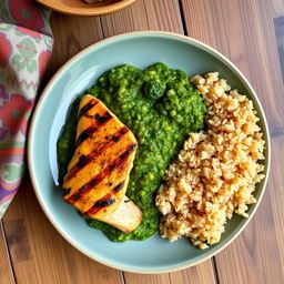 A beautifully arranged plate of molokhia, a traditional Middle Eastern dish known for its vibrant green color and thick, lush texture, served alongside succulent pieces of grilled chicken, with perfectly charred edges