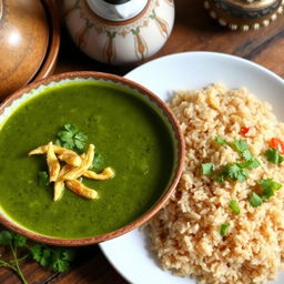 A delicious green molokhia soup served in a traditional bowl, garnished with crispy fried garlic and coriander, showcasing a vibrant green color and a rich, inviting texture