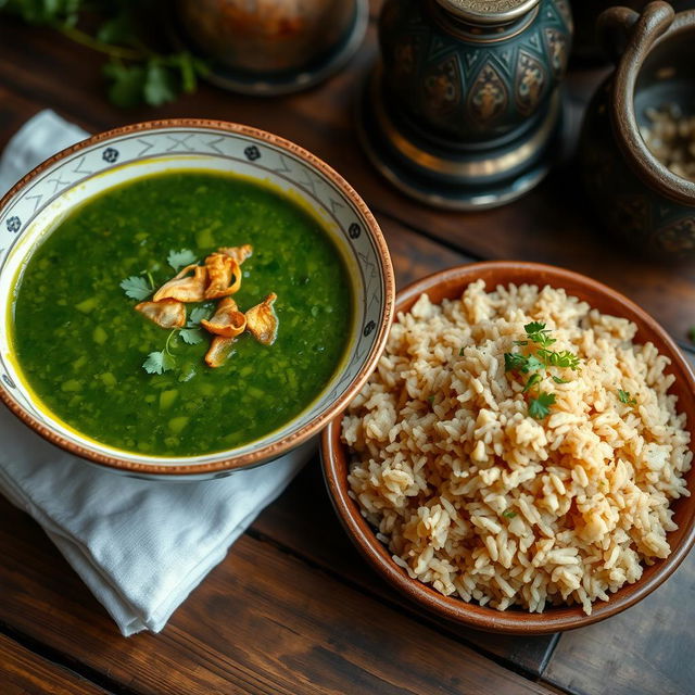 A delicious green molokhia soup served in a traditional bowl, garnished with crispy fried garlic and coriander, showcasing a vibrant green color and a rich, inviting texture