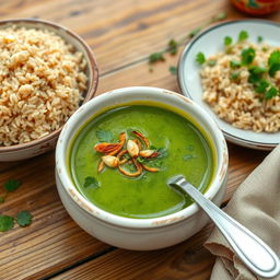 A delicious green molokhia soup served in a traditional bowl, garnished with crispy fried garlic and coriander, showcasing a vibrant green color and a rich, inviting texture