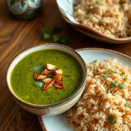 A delicious green molokhia soup served in a traditional bowl, garnished with crispy fried garlic and coriander, showcasing a vibrant green color and a rich, inviting texture