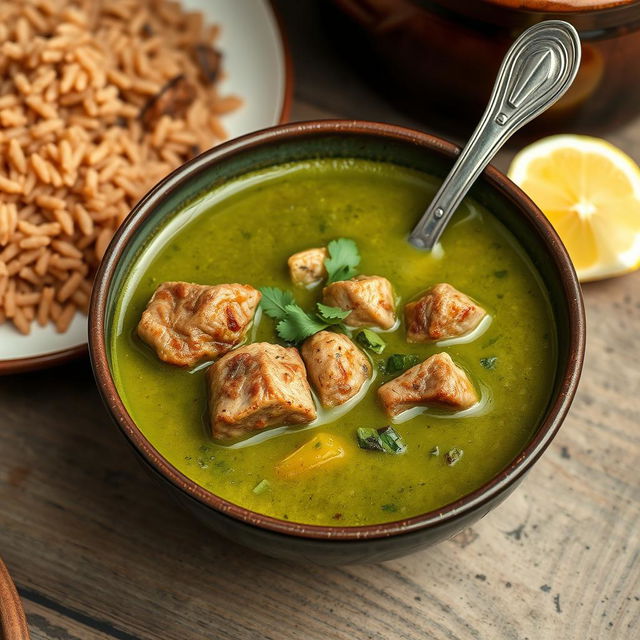 A delicious bowl of Egyptian green molokhia soup, garnished with tender pieces of meat and herbs, served alongside a plate of fluffy brown rice