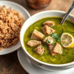 A delicious bowl of Egyptian green molokhia soup, garnished with tender pieces of meat and herbs, served alongside a plate of fluffy brown rice