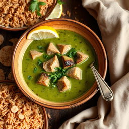 A delicious bowl of Egyptian green molokhia soup, garnished with tender pieces of meat and herbs, served alongside a plate of fluffy brown rice