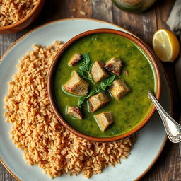 A delicious bowl of Egyptian green molokhia soup, garnished with tender pieces of meat and herbs, served alongside a plate of fluffy brown rice