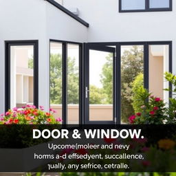A modern and professional advertisement for a door and window company