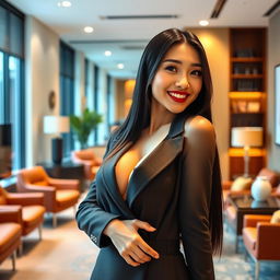 A gorgeous South Korean woman with very large breasts, playfully posing in a stylish office environment