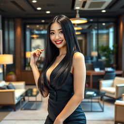 A gorgeous South Korean woman with very large breasts, playfully posing in a stylish office environment