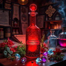 A magical red potion known as "Therma Vitae", radiating with deep crimson hues and a luminescent quality