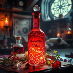 A magical red potion known as "Therma Vitae", radiating with deep crimson hues and a luminescent quality