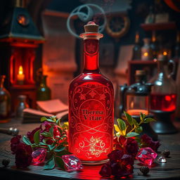 A magical red potion known as "Therma Vitae", radiating with deep crimson hues and a luminescent quality