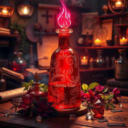 A magical red potion known as "Therma Vitae", radiating with deep crimson hues and a luminescent quality