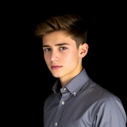 A 21-year-old young man wearing a formal shirt, posing with a sidelong glance, set against a soft light black background