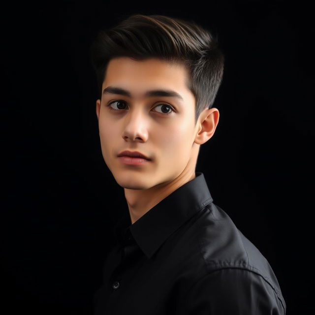 A 21-year-old young man wearing a formal shirt, posing with a sidelong glance, set against a soft light black background