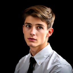 A 21-year-old young man wearing a formal shirt, posing with a sidelong glance, set against a soft light black background