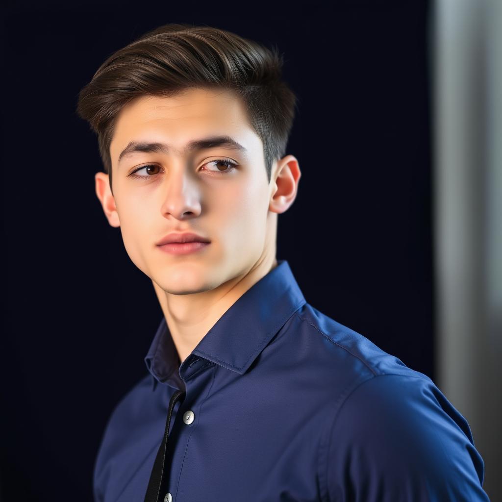 A 21-year-old young man wearing a formal shirt, posing with a sidelong glance, set against a soft light black background