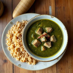 A delicious Egyptian green molokhia soup, presented in a traditional bowl