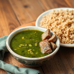 A delicious Egyptian green molokhia soup, presented in a traditional bowl