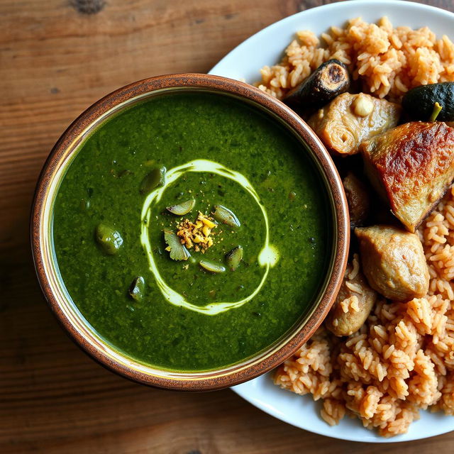 A delicious Egyptian green molokhia soup, presented in a traditional bowl