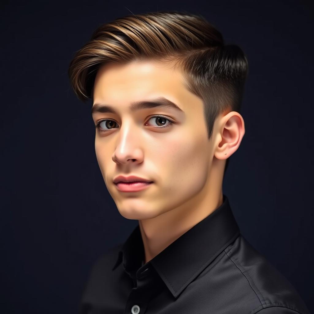 A 21-year-old young man with down hair wearing a formal shirt, posed in a side look against a light black background