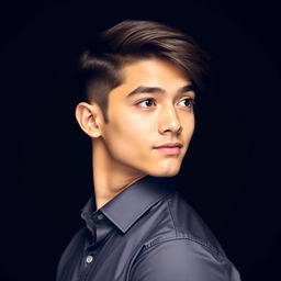 A 21-year-old young man with down hair wearing a formal shirt, posed in a side look against a light black background