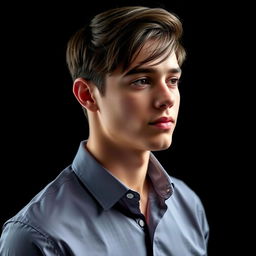 A 21-year-old young man with down hair wearing a formal shirt, posed in a side look against a light black background