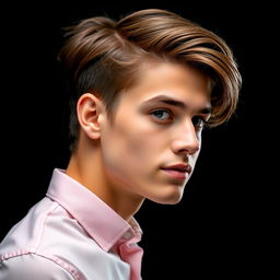 A 21-year-old young man with down hair wearing a formal shirt, posed in a side look against a light black background