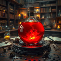 A round glass potion known as "Therma Vitae", filled with a striking red liquid that glimmers with an inner light