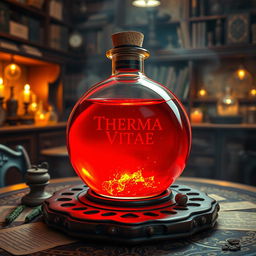 A round glass potion known as "Therma Vitae", filled with a striking red liquid that glimmers with an inner light