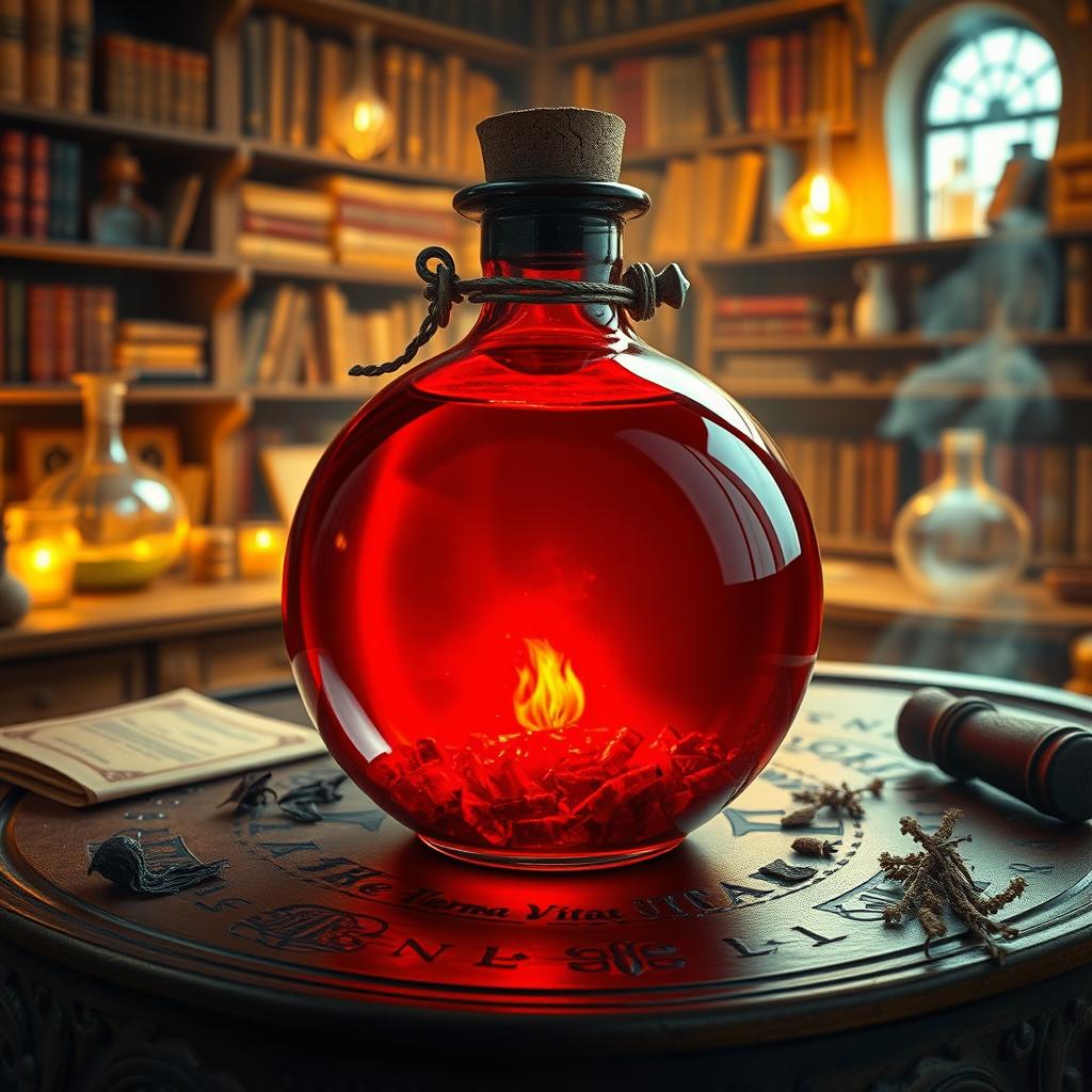 A round glass potion known as "Therma Vitae", filled with a striking red liquid that glimmers with an inner light