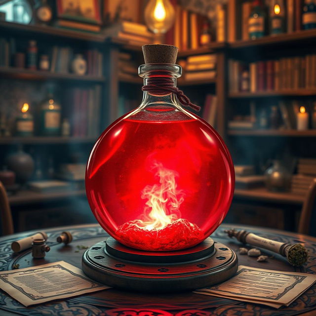 A round glass potion known as "Therma Vitae", filled with a striking red liquid that glimmers with an inner light